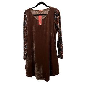 Simply Aster Firmiana Dress Womens XL Sheath Brown Floral Sleeve Velvet Pockets